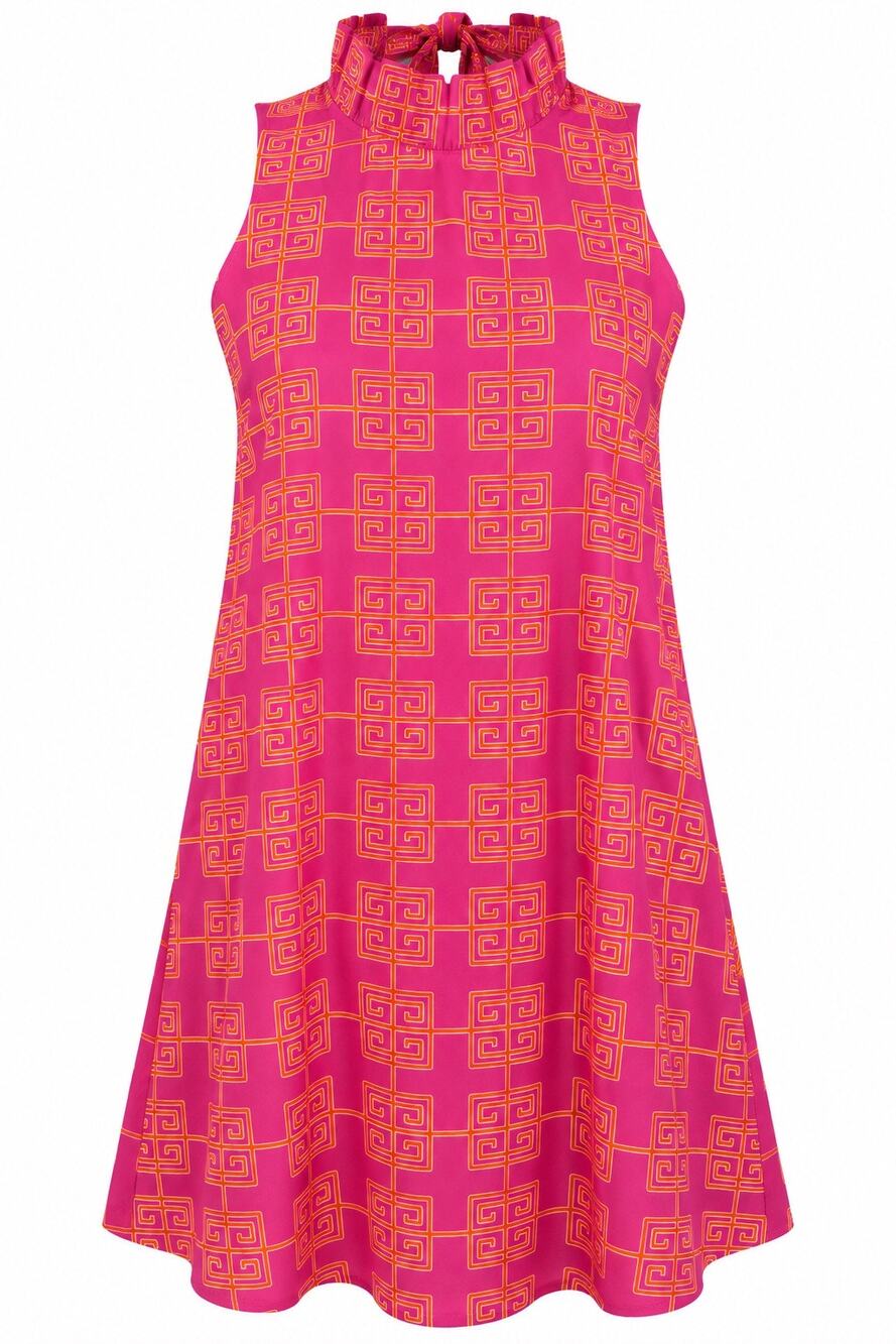 Carvalho Couture Yulia Swing Dress Large Pink Orange Greek Key Ruffle Neck